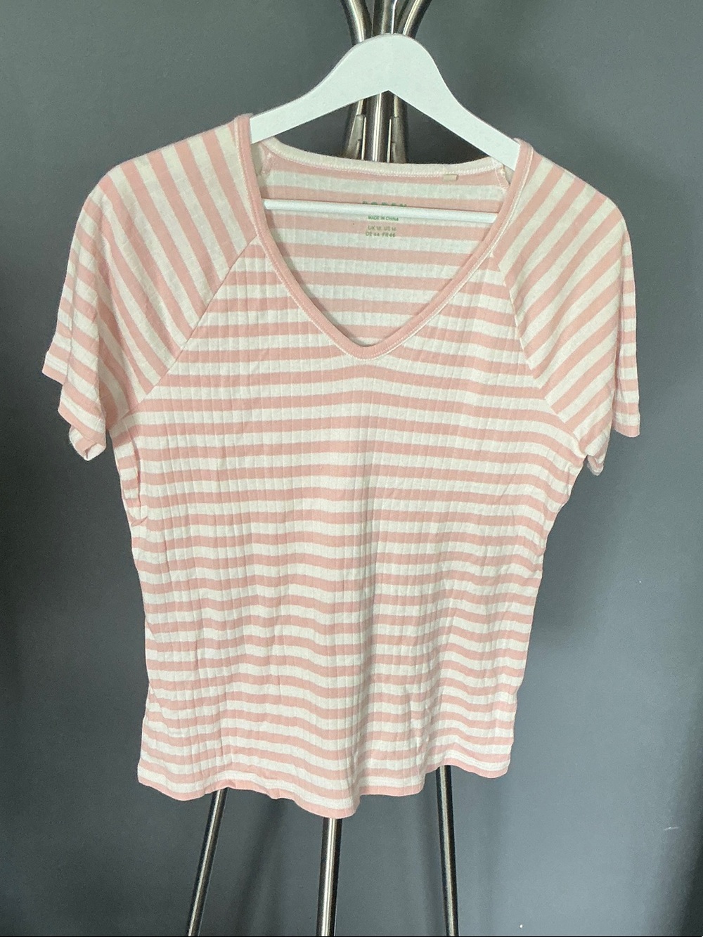 Boden Pink and White Striped V-Neck Short Sleeve Tee